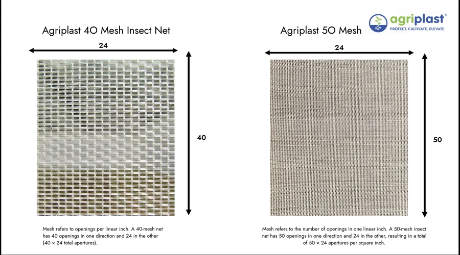 Side-by-side comparison of Agriplast 40 mesh and 50 mesh insect net showing difference in opening size