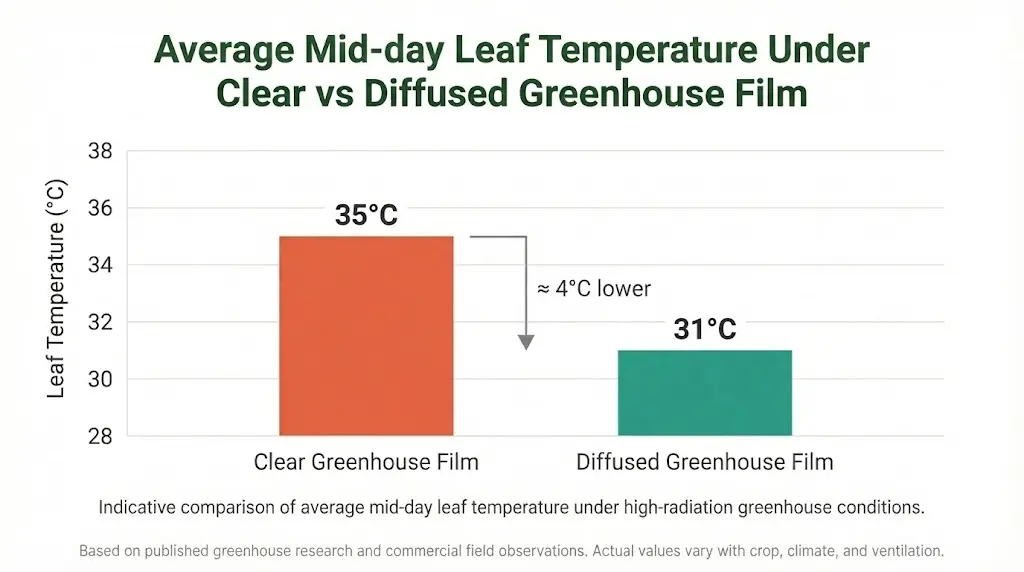 Diffused greenhouse film reduces leaf temperature under high solar radiation