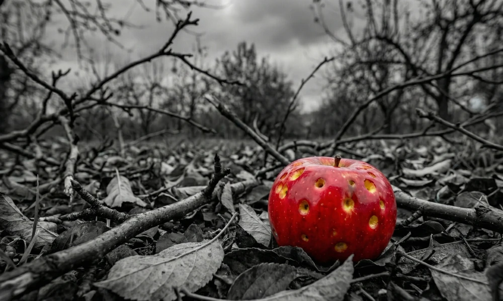 Hail-damaged apples in an orchard showing bruising and skin damage from hailstorm impact