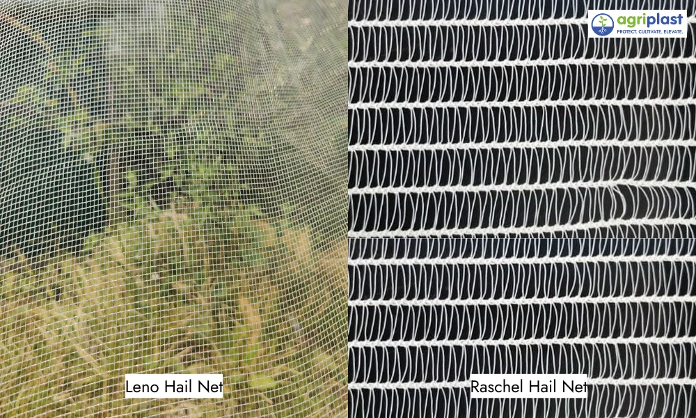 Side-by-side comparison of Leno woven anti-hail net and Raschel knitted anti-hail net showing difference in mesh density and transparency