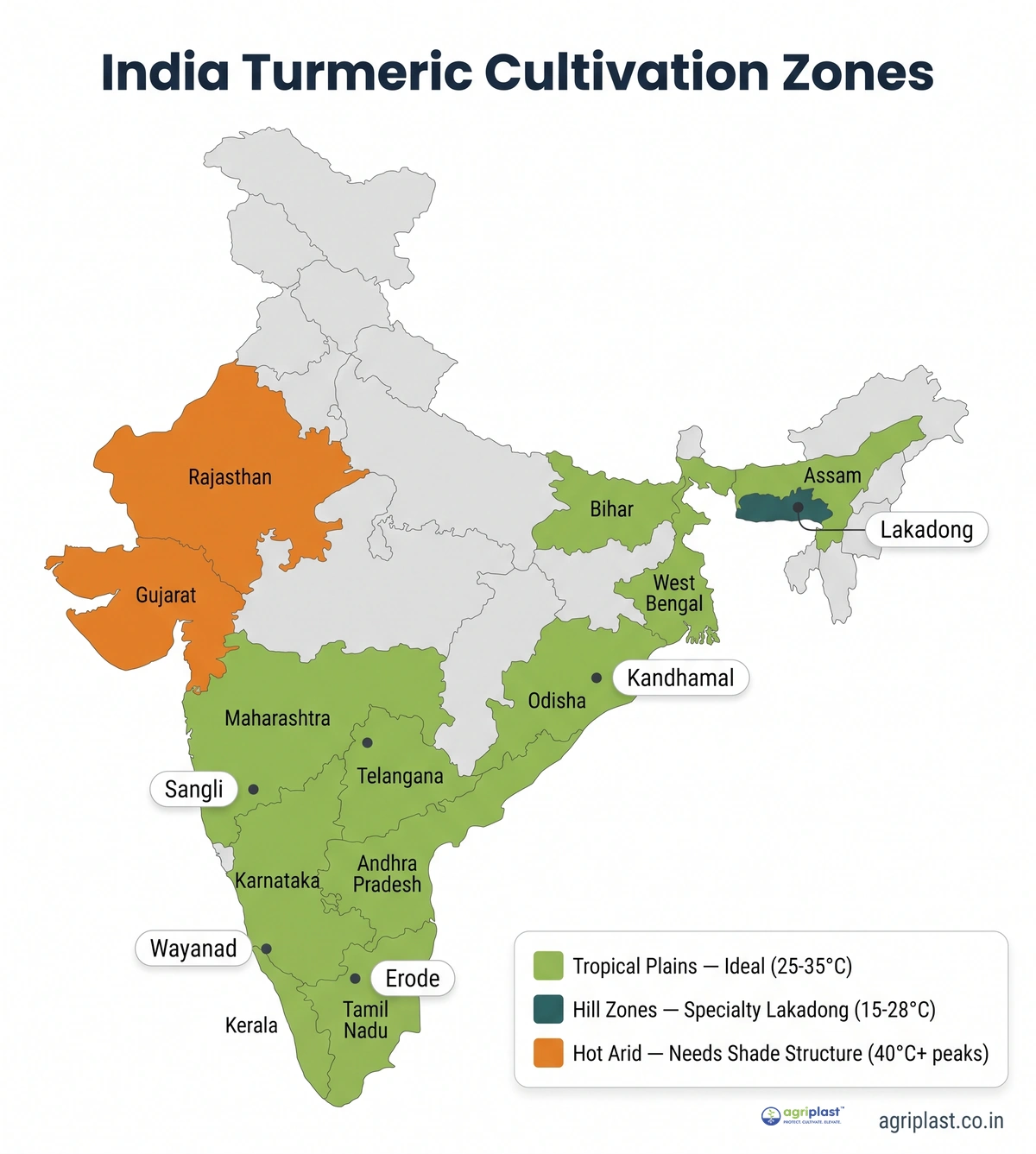 Map of India showing turmeric cultivation zones &mdash; tropical plains for commercial soilless, Meghalaya hill zones for specialty Lakadong, and hot arid regions requiring shade structures